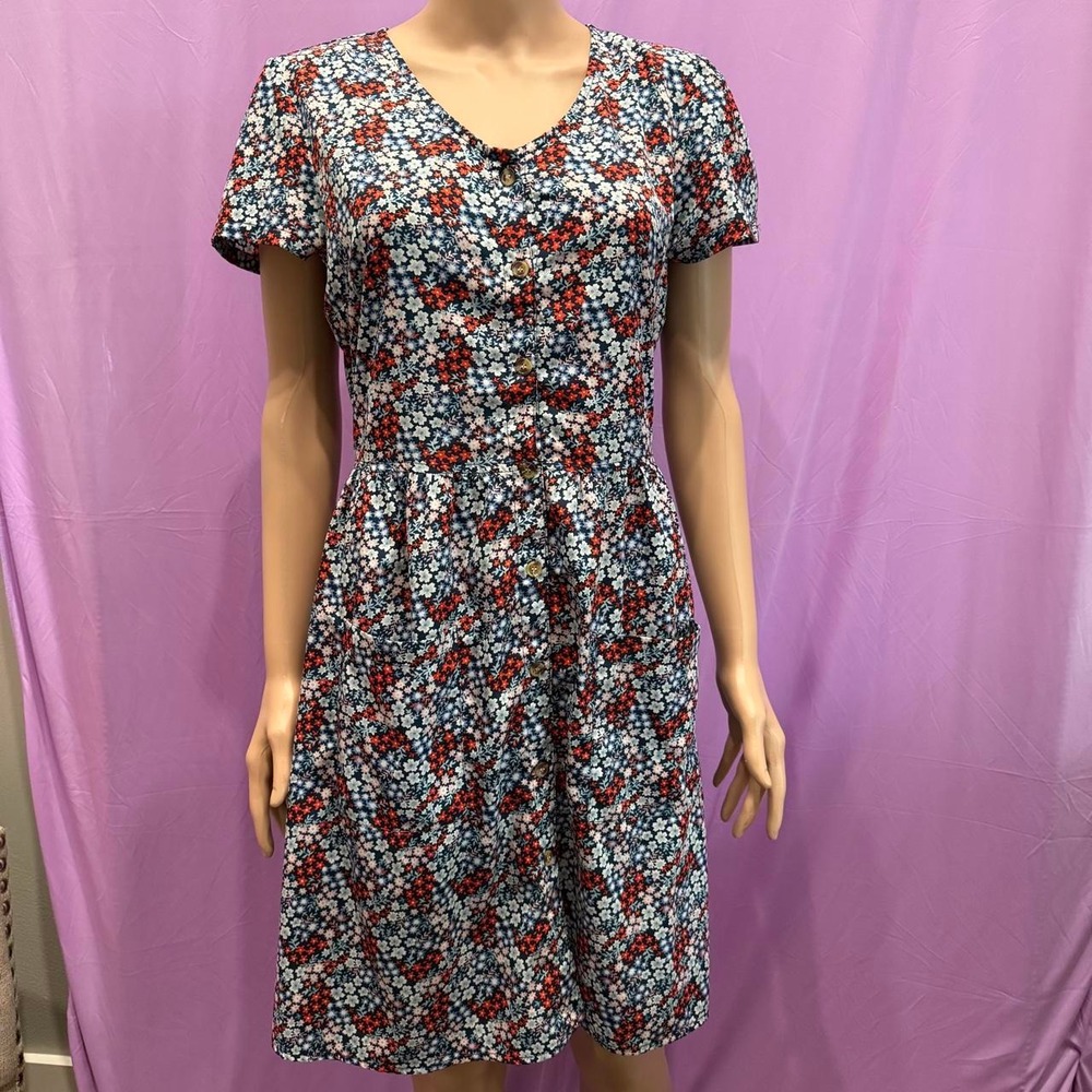 MPH Collection Women Red Blue Floral Midi Dress Button Front Pockets Size M